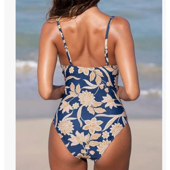 Cupshe Blue Beige Floral One Piece Swimsuit Size Small Adjustable Straps NWT - Picture 2 of 7